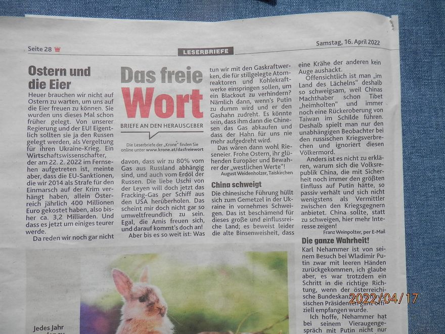 Kommentare zum Leserbrief unter: https://www.krone.at/das-freie-wort/625a0e0defcfb051a9712a52